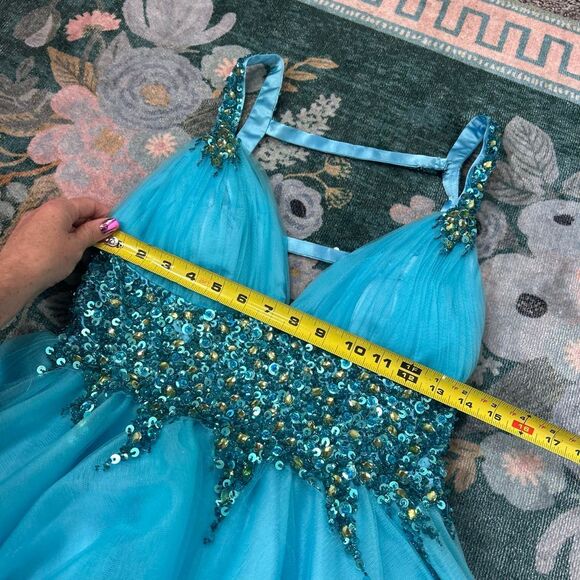 Sherri Hill Dress sz 4 Turquoise blue Sequins V Neck Mini Tulle Open Back Short - Picture 14 of 16